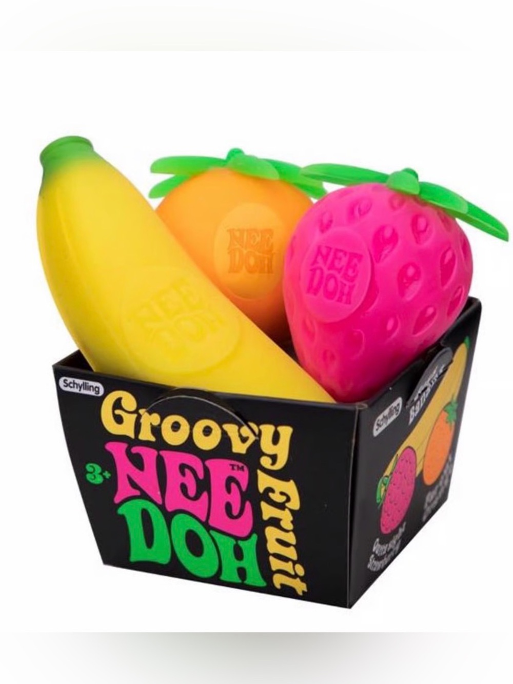 NeeDoh Groovy Fruit Squish Toys - Yellow Banana, Pink Strawberry, Orange Orange
